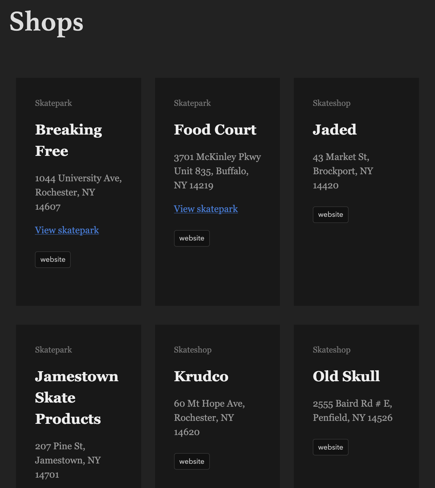 New shops page in dark mode