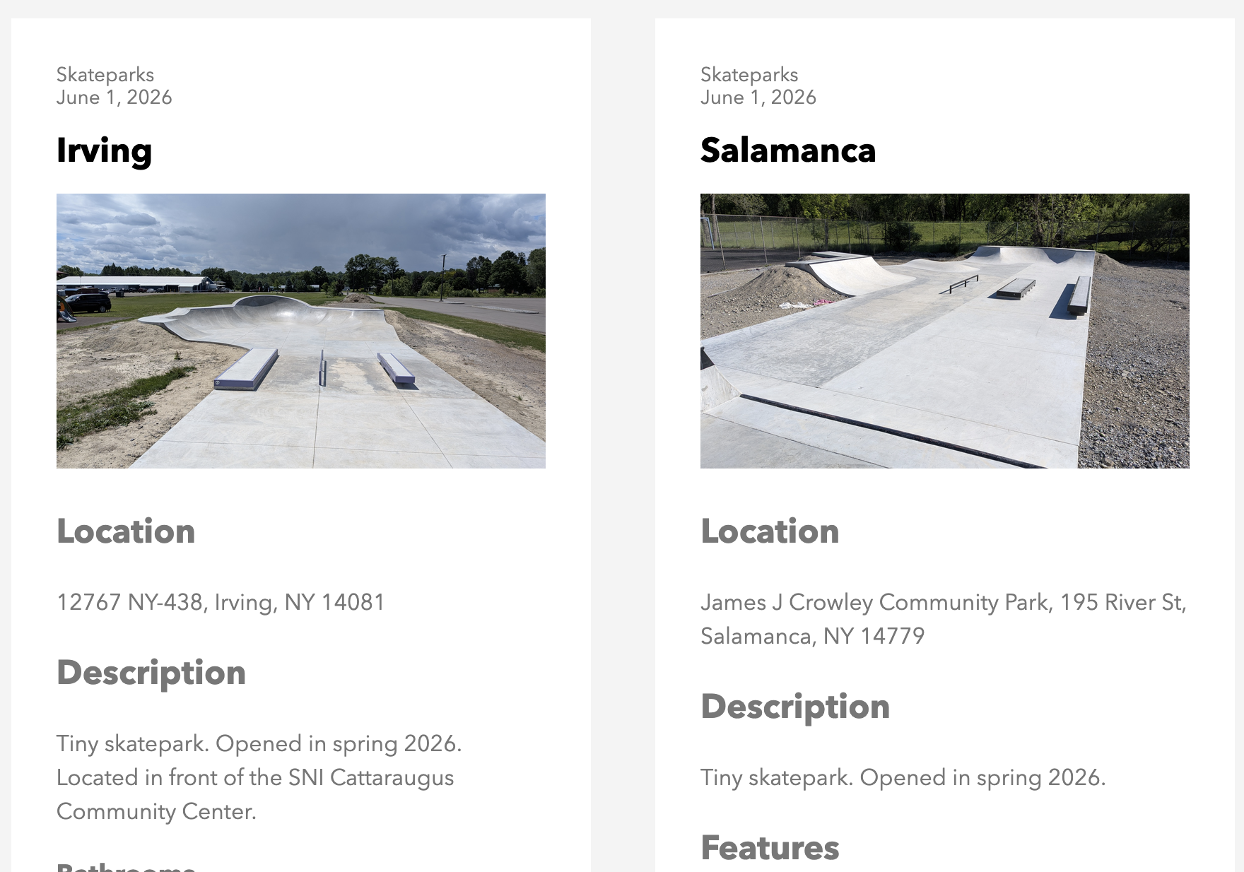 Skatepark list cards without photo carousels