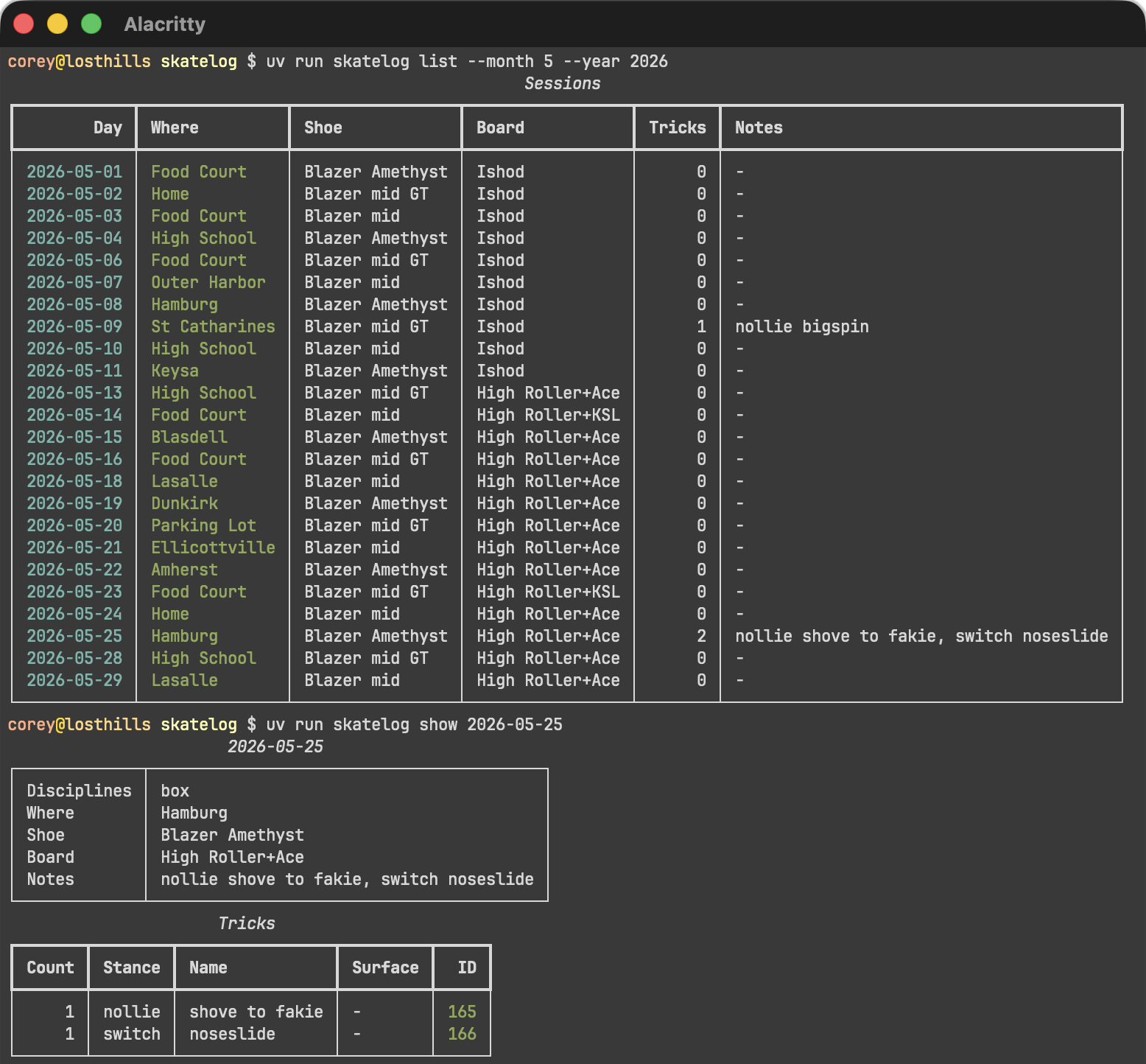 Skatelog CLI for listing sessions and showing a single session