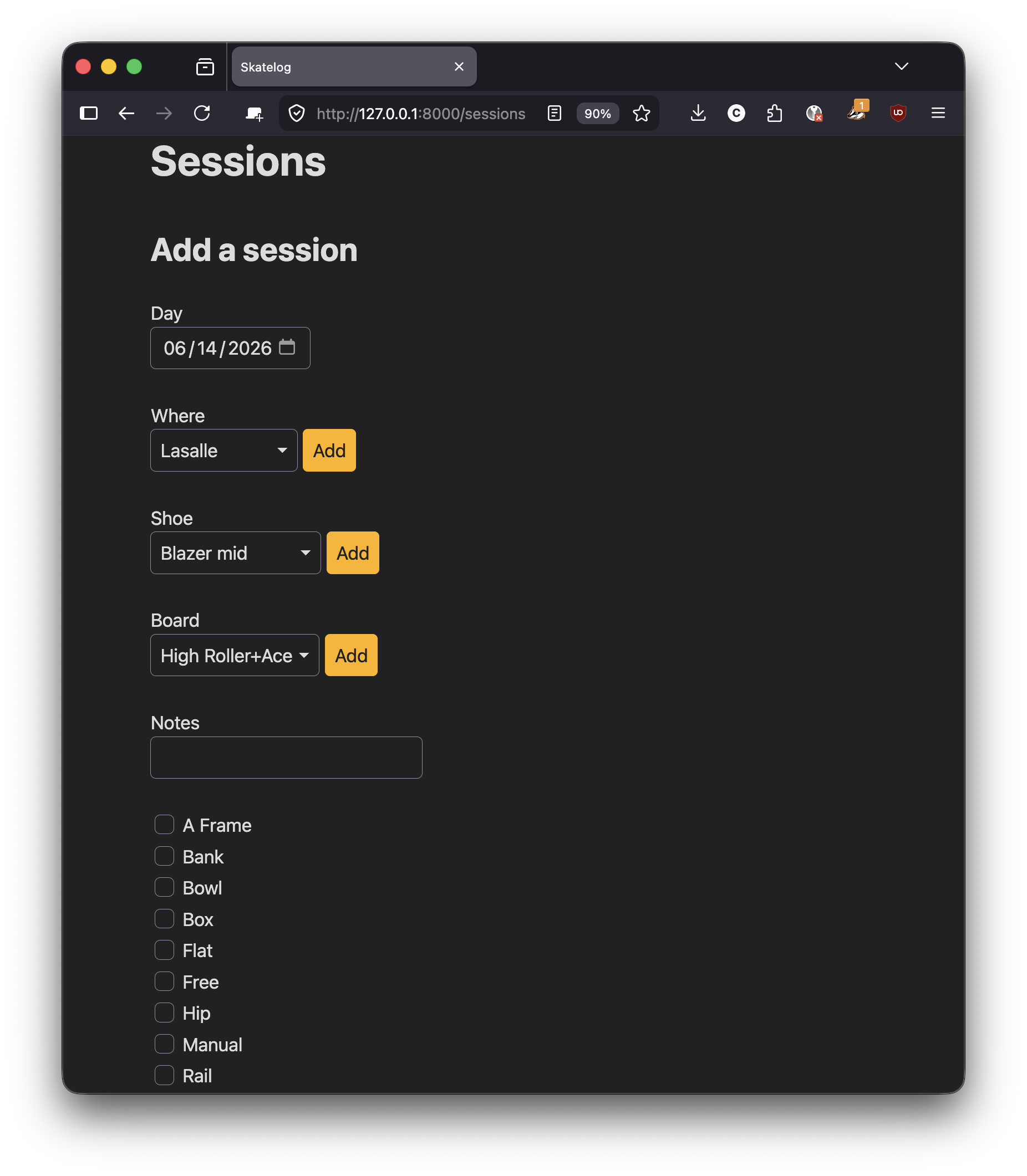 Skatelog dashboard (adding a session)
